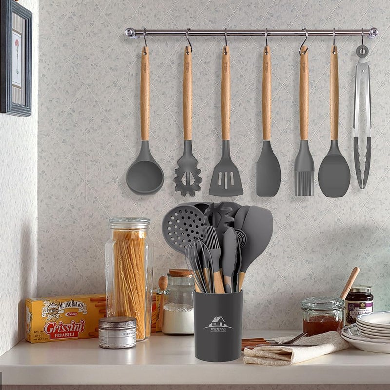 MIBOTE 17 Pcs Silicone Cooking Kitchen Utensils Set with Holder, Wooden Handles Silicone Turner Tongs Spatula Spoon Kitchen Gadgets Utensil Set for Nonstick Cookware (Grey) - Image 5
